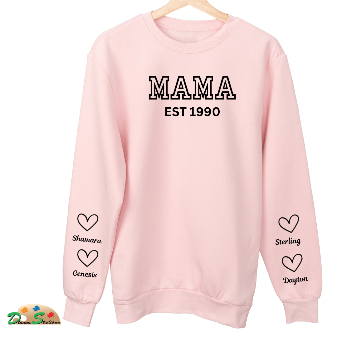 Established Auntie pink sweatshirt with kids name on sleeves in black