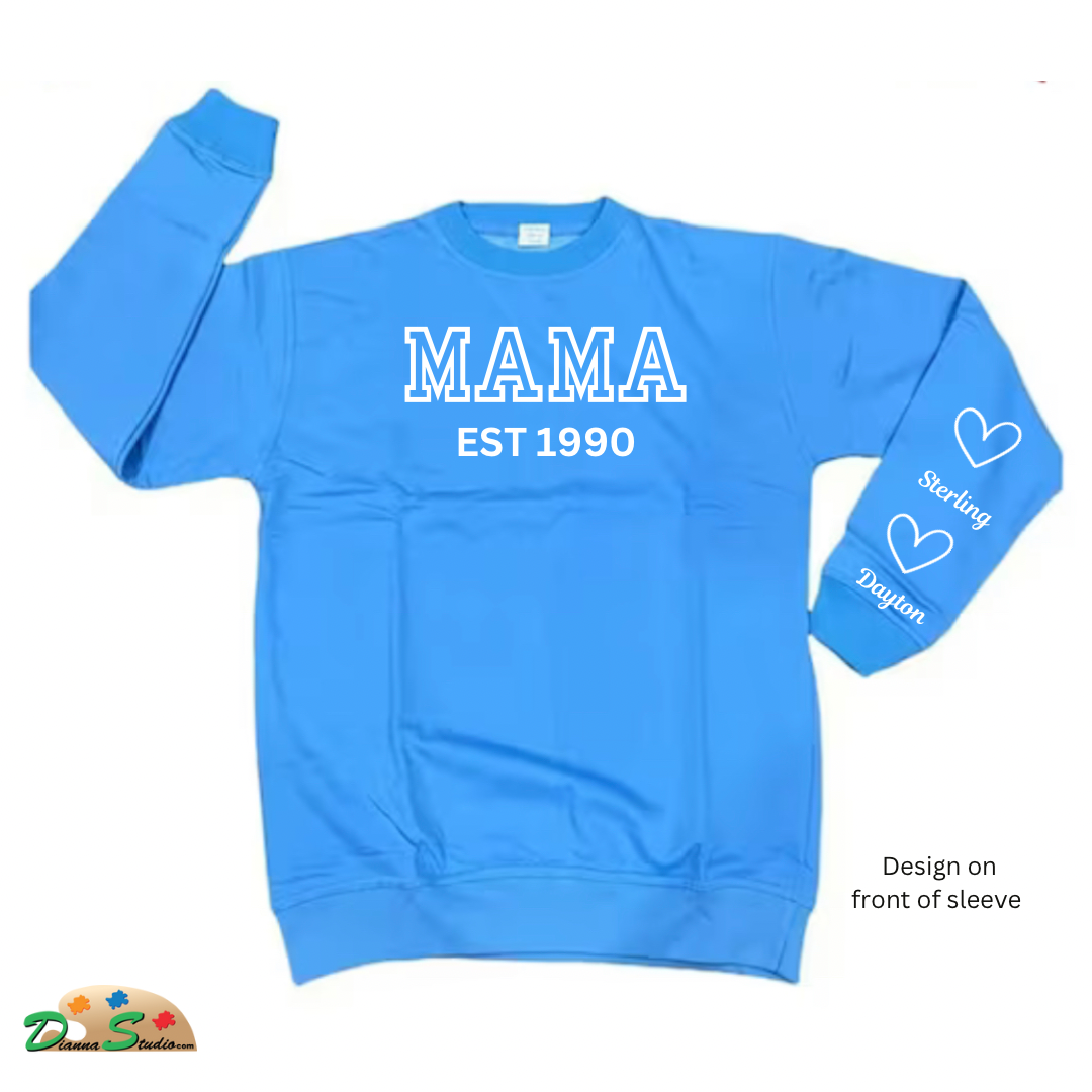 Established Auntie sky blue sweatshirt with kids name on sleeves in white