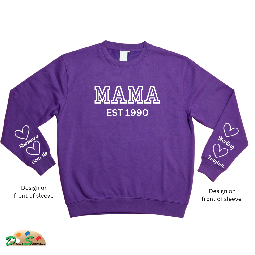 Established Auntie purple sweatshirt with kids name on sleeves in white