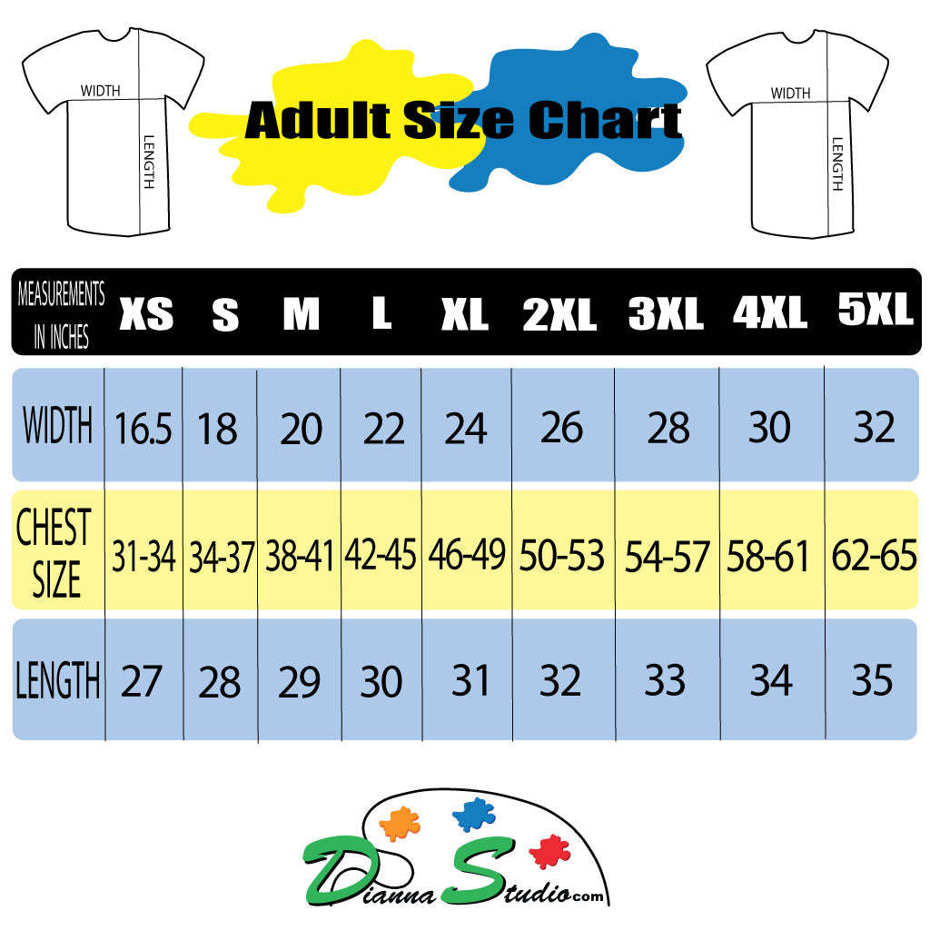 Adult size chart for unisex t-shirts