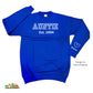 Established Auntie royal blue sweatshirt with kids name on sleeves in white