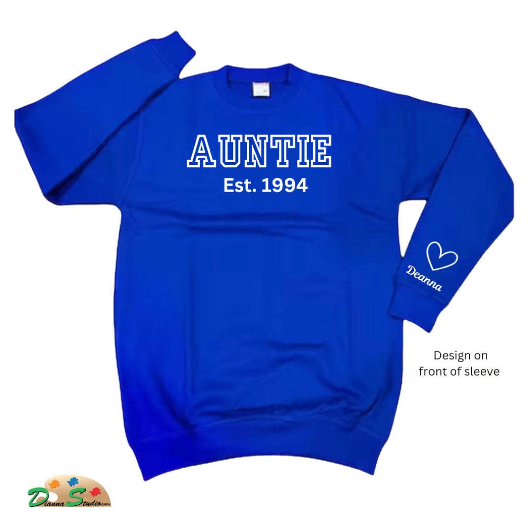 Established Auntie royal blue sweatshirt with kids name on sleeves in white
