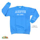 Established Auntie sky blue sweatshirt with kids name on sleeves in white