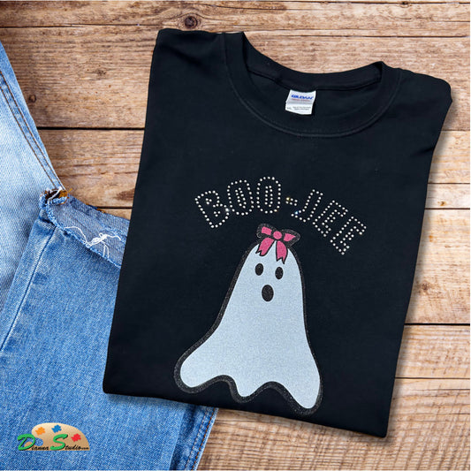 BooJee T-shirt design, decorated in crystal rhinestones and white glitter on a black short sleeve T-shirt