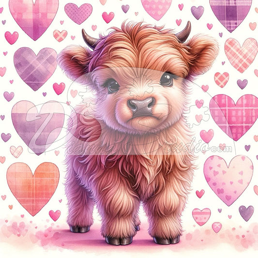 Baby brown Highland Cow with purple and pink plaid floating in background 