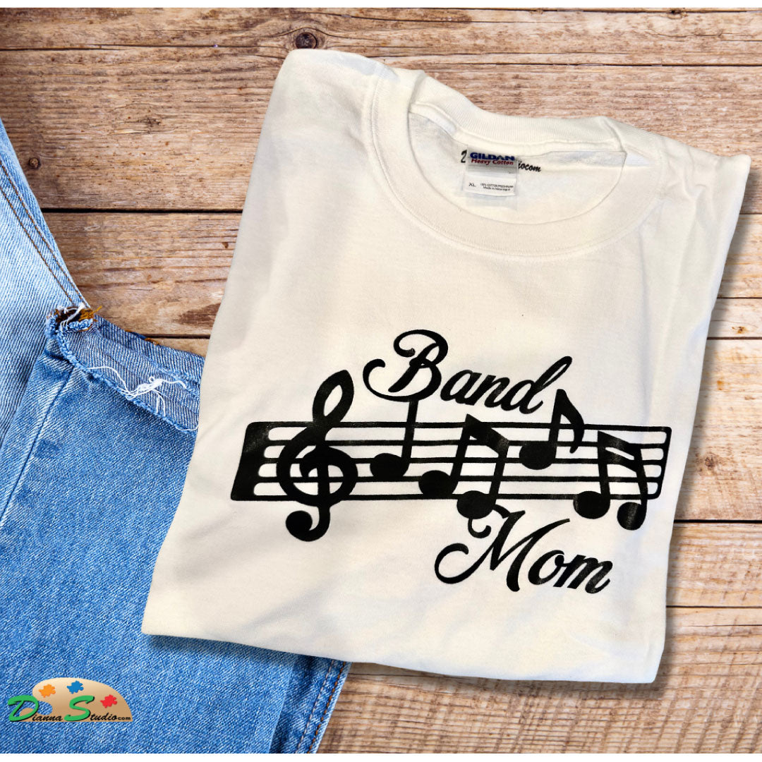 band mom design with music notes in black on white tshirt