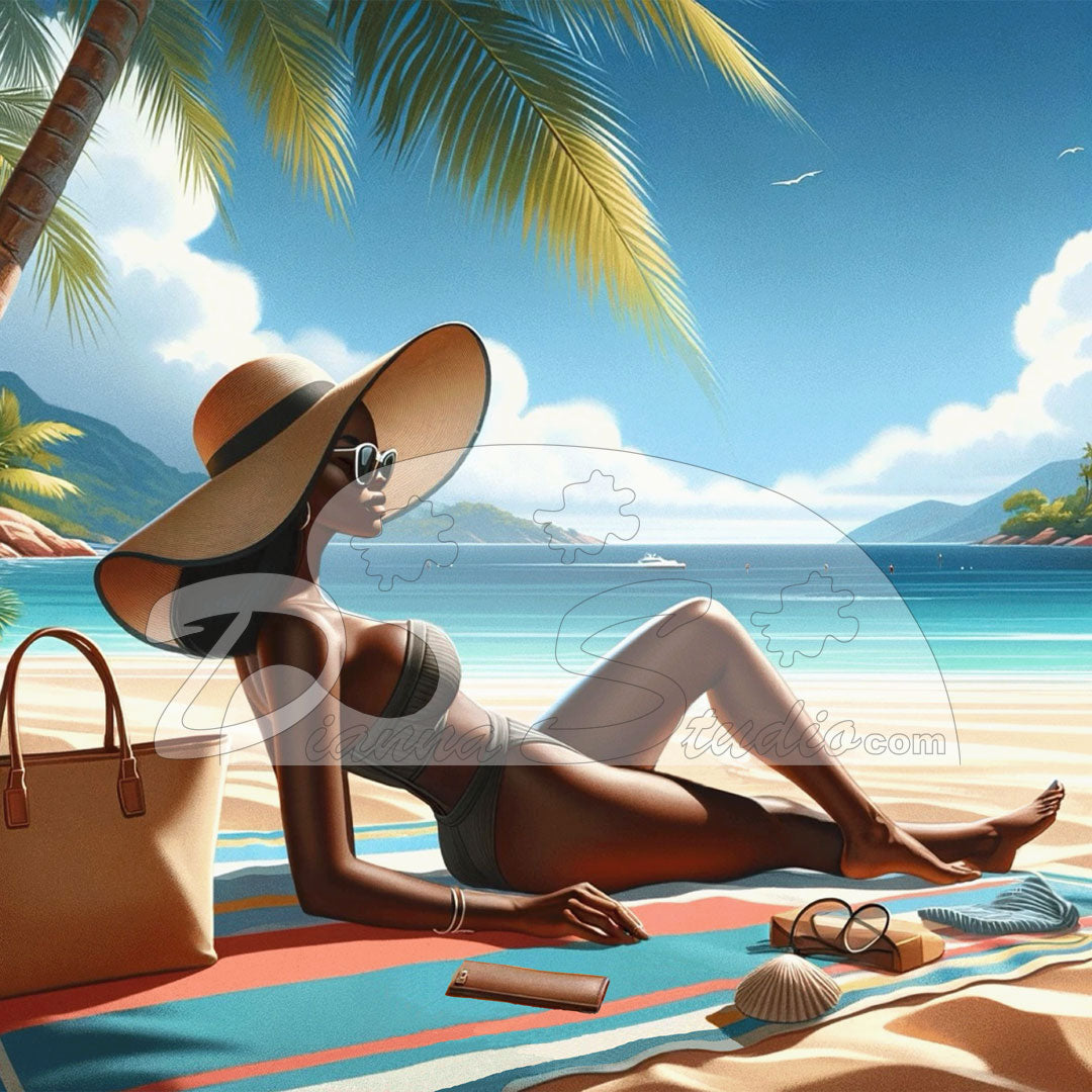 black girl laying on the beach in her stylish sun hat and sunglases