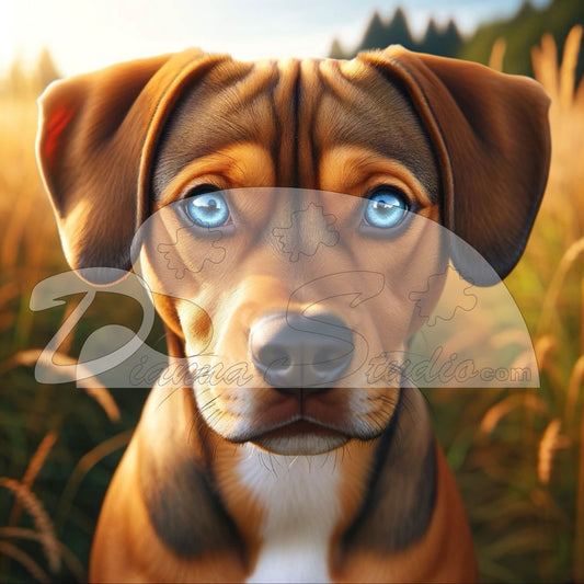 Brown, floppy eared, Beagel mix, with blue eyes