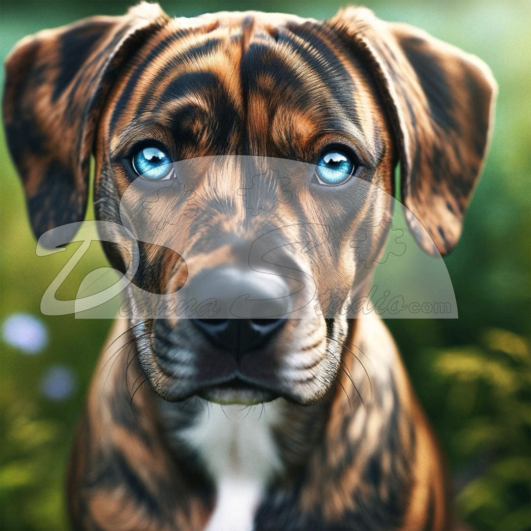 Brindle , floppy ear pup with blue eyes