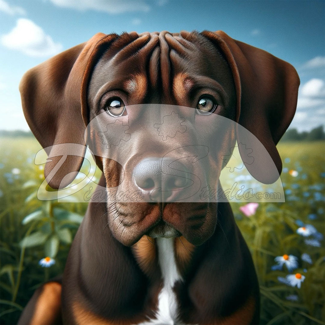 Brown Pup with floppy ears and brown eyes