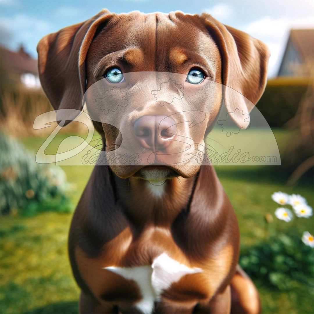 Brown, Carmel and white Beagle mix with blue eyes and floppy ears pup