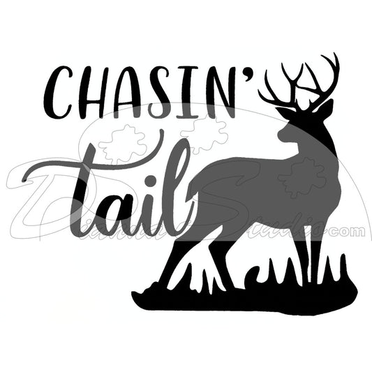 Chasing Tail with deer standing in grass black screen print