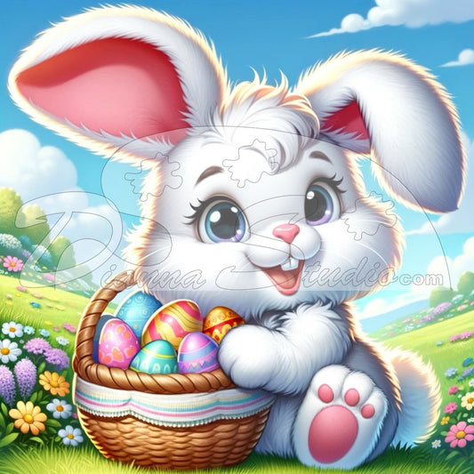 Cute white easter bunny sitting beside decorative easter egg basket in th pasture .