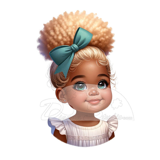 Cute little girl with blond afro puff and green eyes.