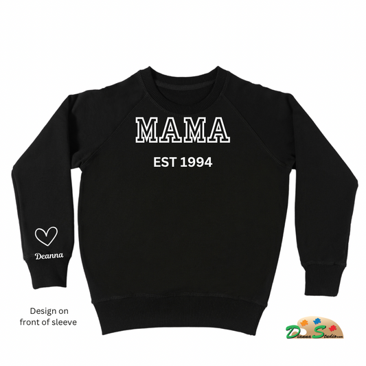 Established Auntie black sweatshirt with kids name on sleeves in white