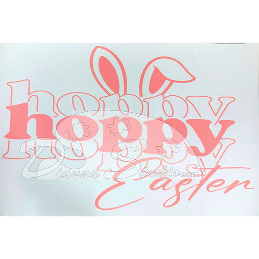 Hoppy repeated three times, Easter with floppy ears on top, pink screen print