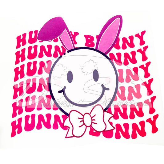 Cute floppy ear smiley bunny face with bow and hunny bunny , repeated in background,  hot pink design with black outline smiley face