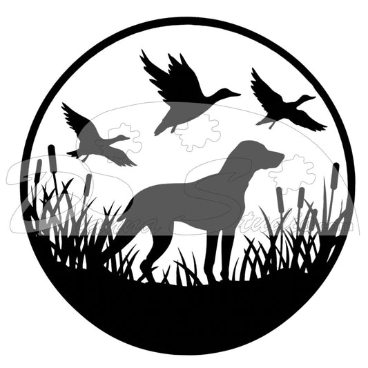 Hunt Dog in tall grass pasture with geese over head, image inside a circle, black screen print