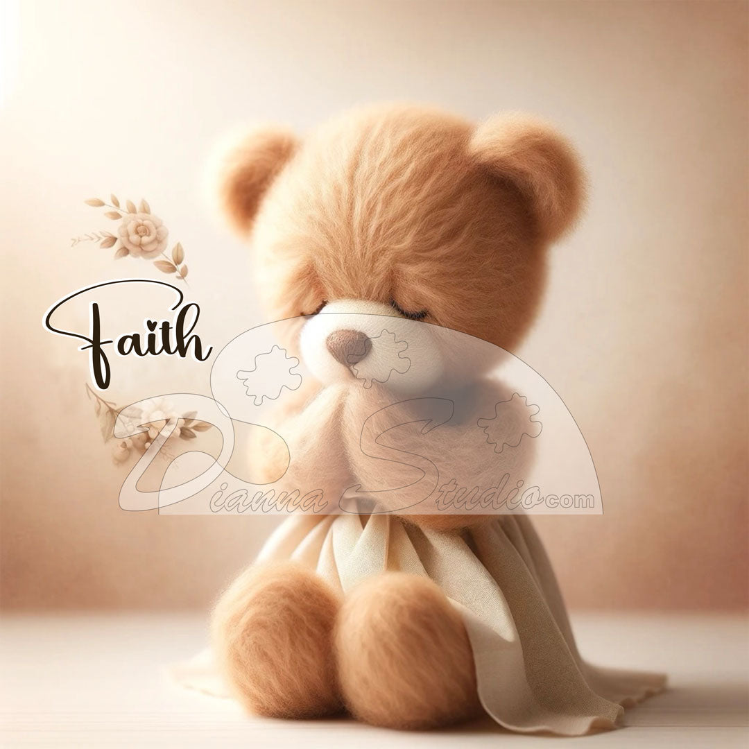 tan teddy bear wearing a cream dress praying with Faith and flowers on the left side
