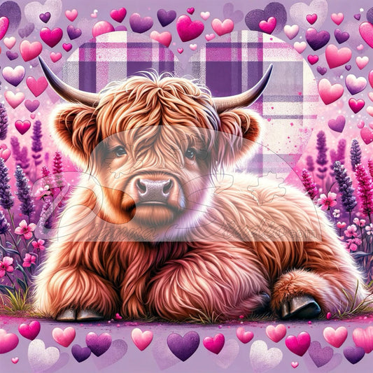 Brown Highland Cow sitting around flowers with puple and pink hearts and purple plaid pattern