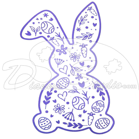 Outline of floppy ear bunny rabbit with outline designs of carrots, leaves, flowers, hearts and easter eggs on inside, purple screen print