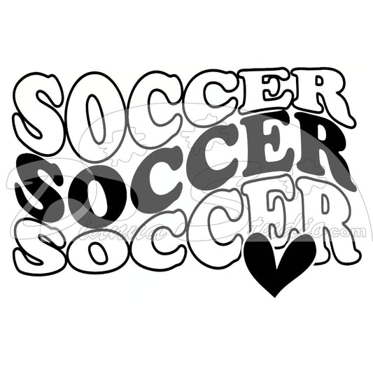 soccer repeat three time in black and outline black with heart on bottom