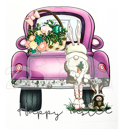 Easter Bunny Gnome and his little brown bunny standing behind a purple pick up truck filled with flower basket. Full color screen print