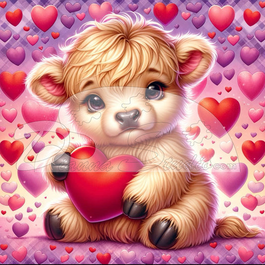 Blond highland cow hold a red valentine heart. Purple and peach background with floating red and Purple Hearts