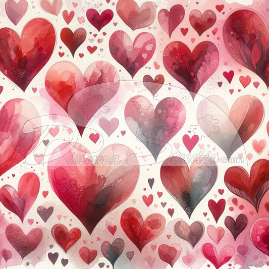 Valentine watercolor collage of hearts in red tones, large to small on white background.