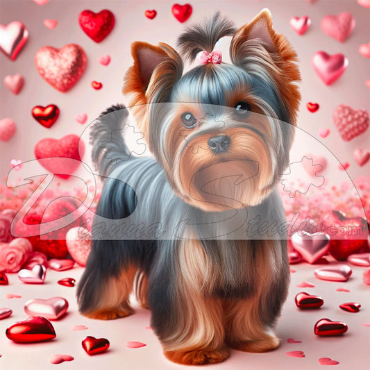 Yorkie with pink bow in hair. Red and pink Hearts in background
