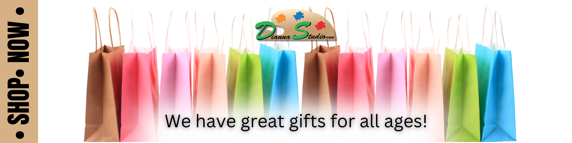 coloruful shopping bag with logo above. We have great gifts for all ages