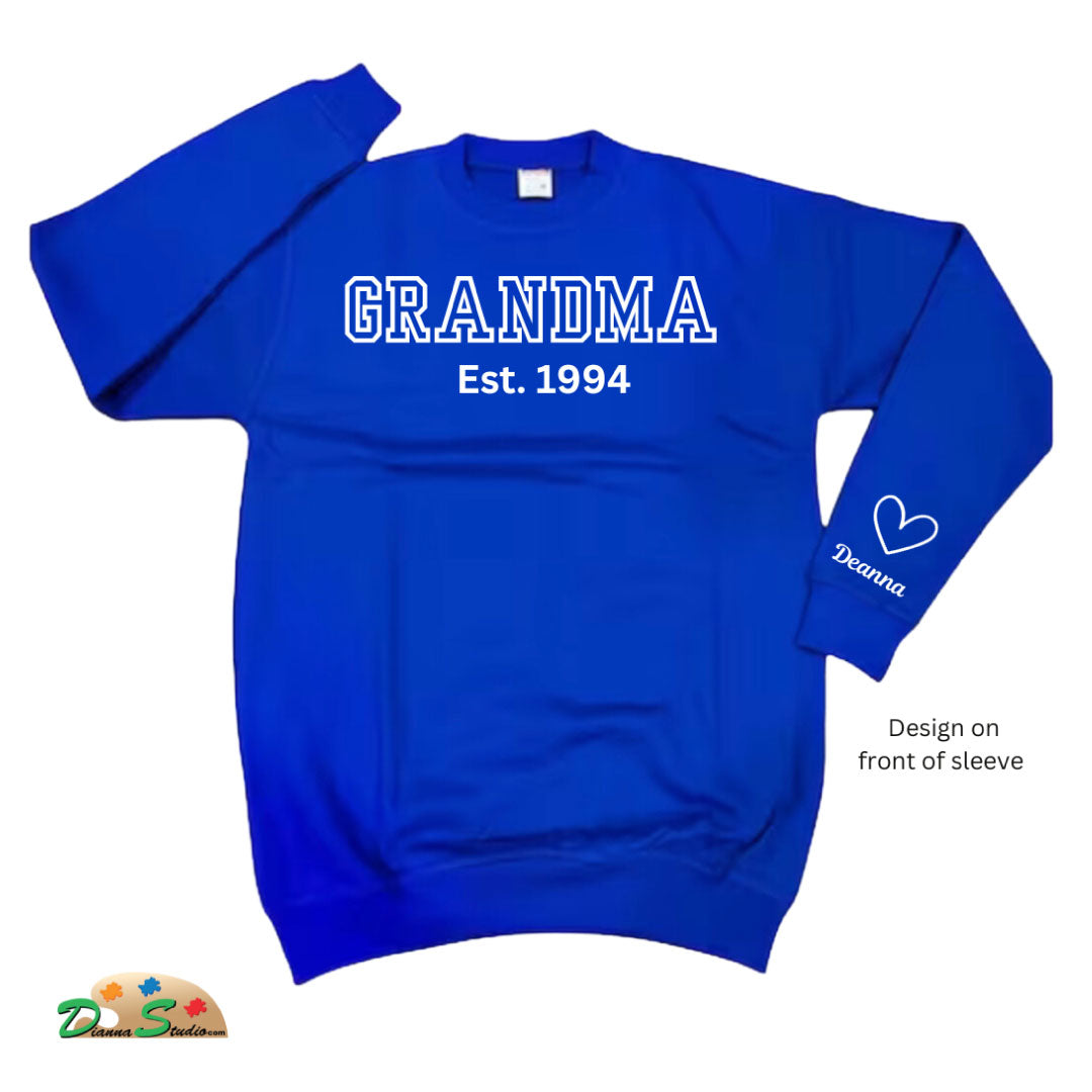 Established Auntie royal blue sweatshirt with kids name on sleeves in white