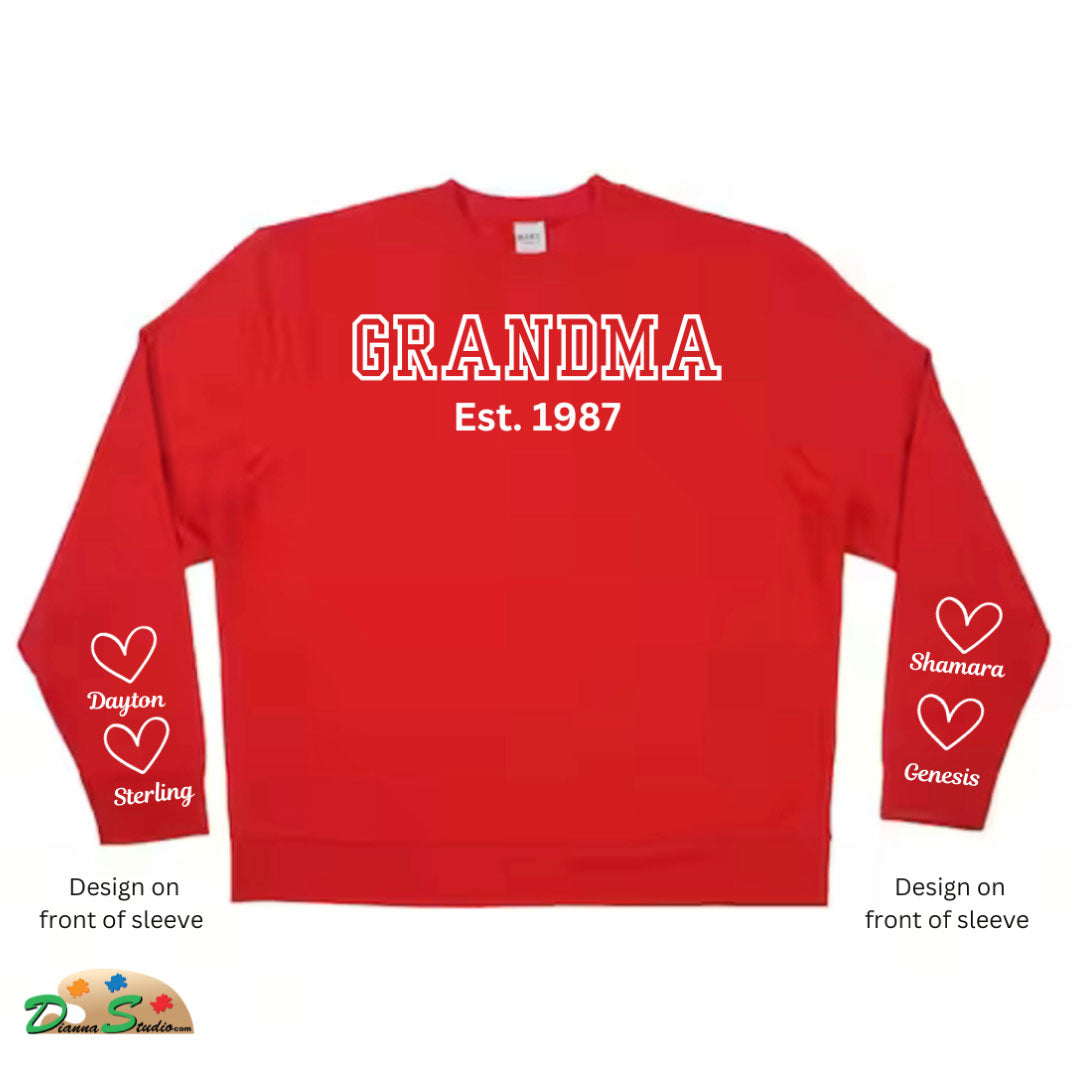 Established Auntie red sweatshirt with kids name on sleeves in white