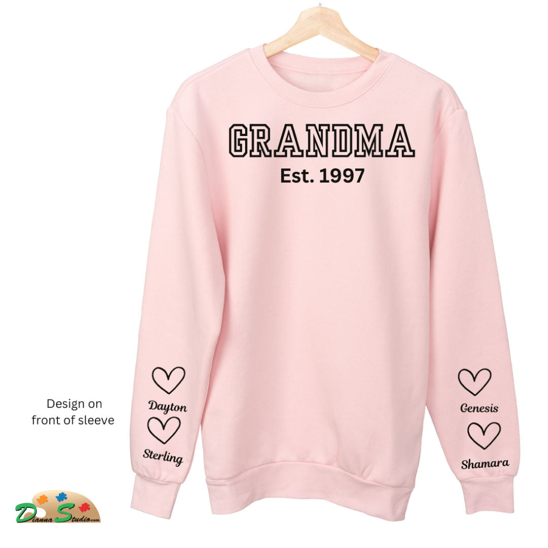 Established Auntie pink sweatshirt with kids name on sleeves in black