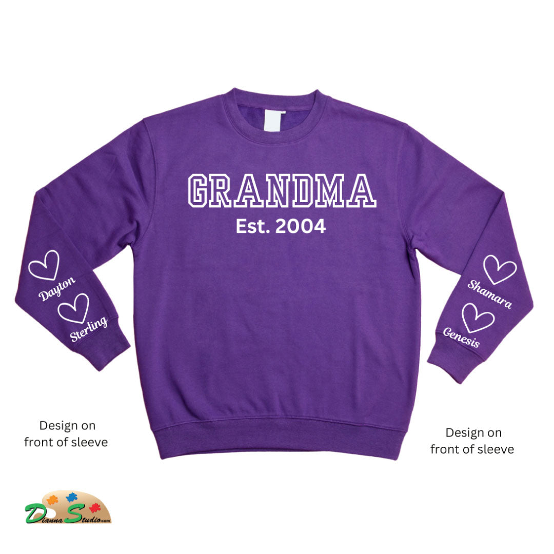Established Auntie purple sweatshirt with kids name on sleeves in white