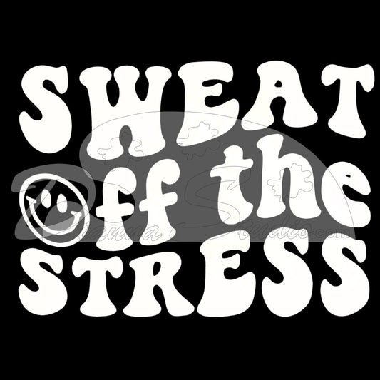Sweat off the stress, white screen print, smiley face inlace of the letter O in Off