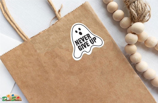 Black and White Ghost Sticker with Positive message , Never Give Up