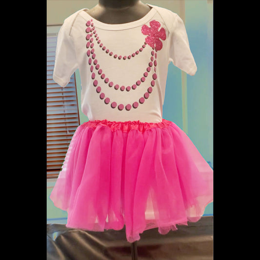 Hot pink one piece with necklace, glitter flower with tutu