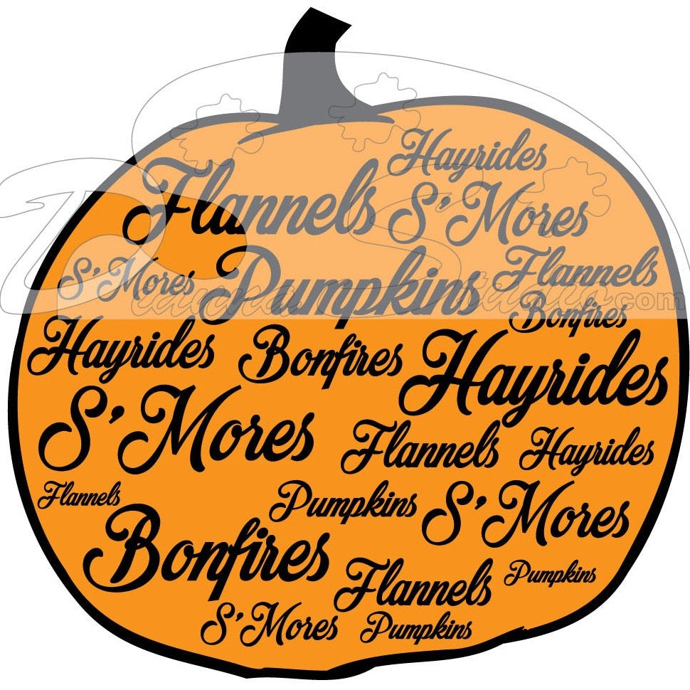 orange pumpkin, die cut sticker, flannels, hayrides, smores, bonfires, fond memories of Fall