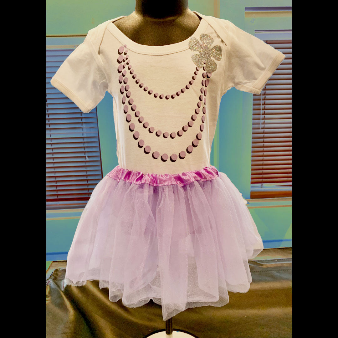 Purple one piece with necklace, glitter flower with tutu