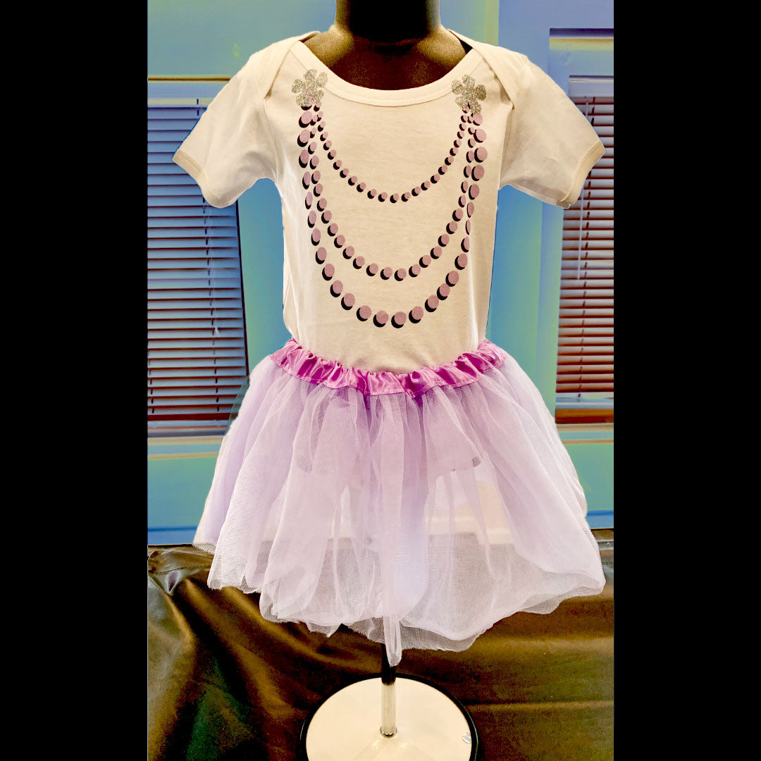Purple one piece with necklace, 2 glitter flower with tutu