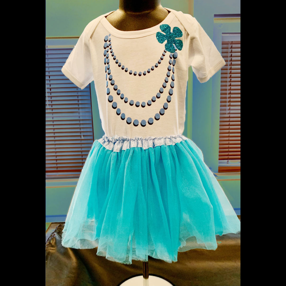 Turquoise one piece with necklace, glitter flower with tutu