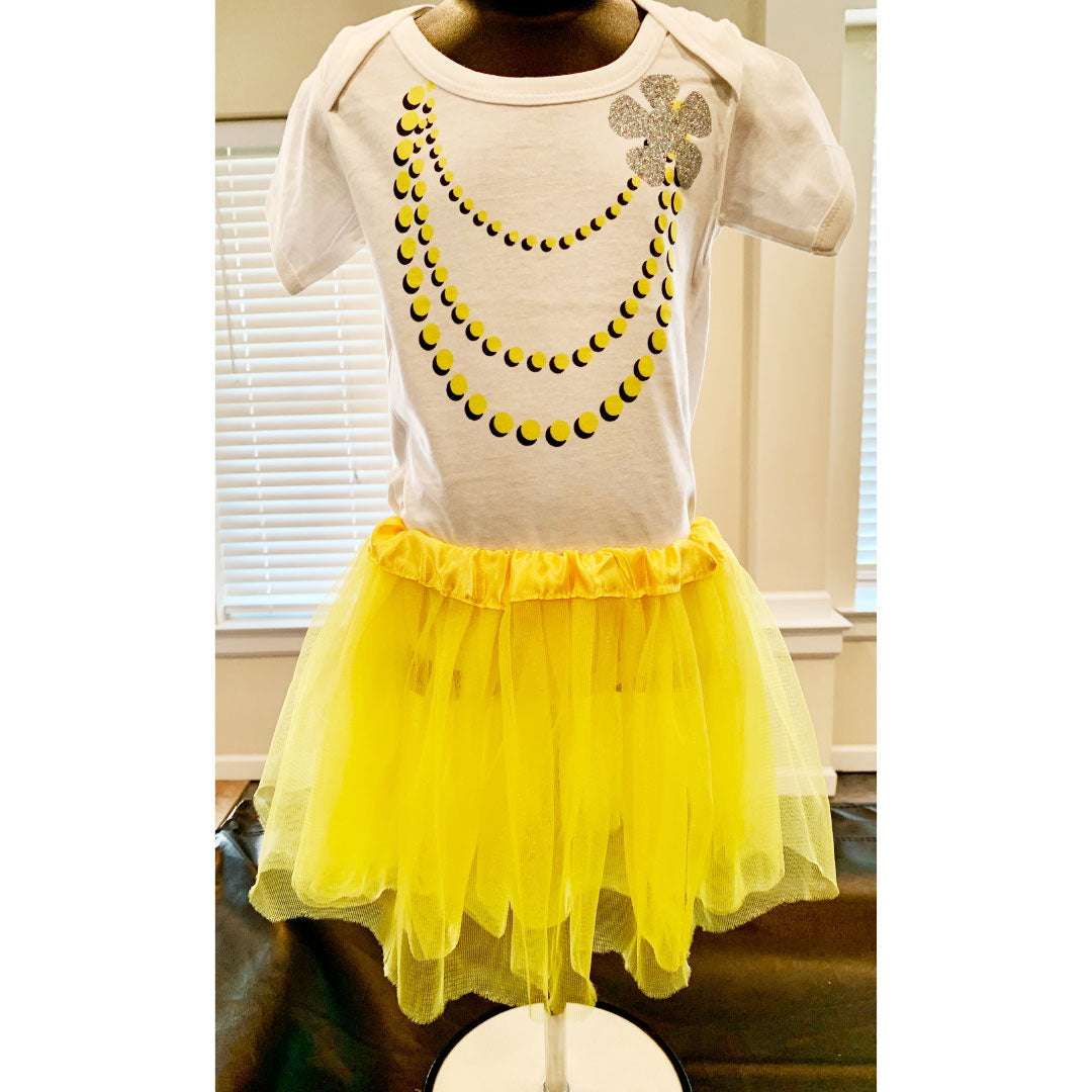 Yellow one piece with necklace, glitter flower with tutu
