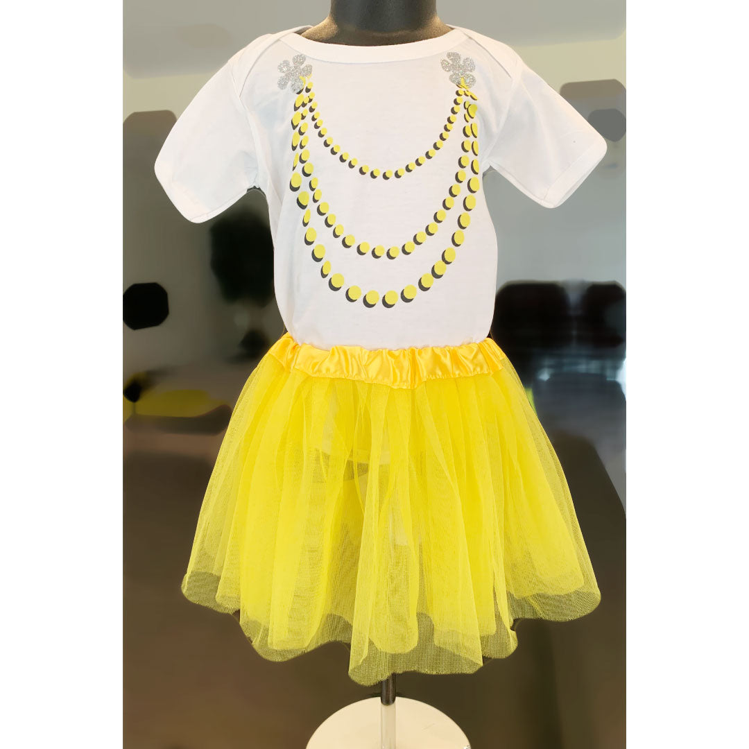 Yellow one piece with necklace, 2 glitter flower with tutu