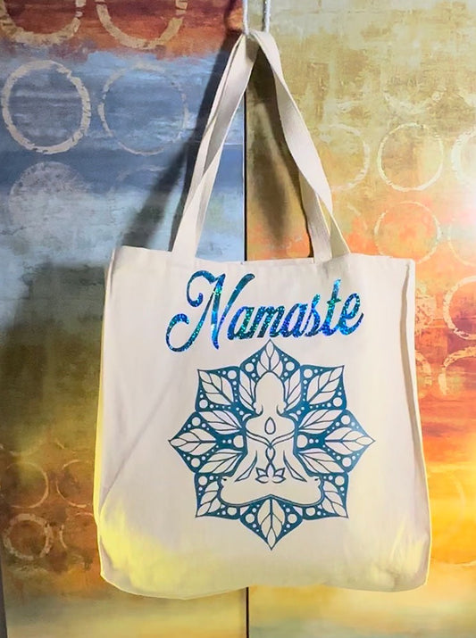 Namaste canvas bag, woman design in glitter turquoise vinyl