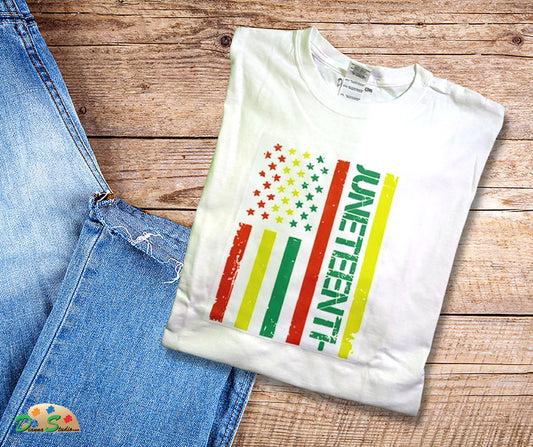 Juneteenth Flag, colors on red, green and yellow on white tshirt