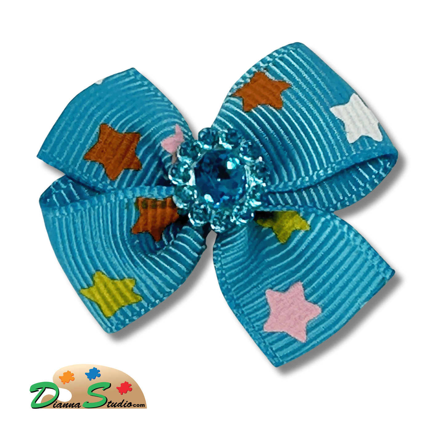 Teal with multi color printed stars, red, pink, white, yellow. Teal diamond in center pen bow