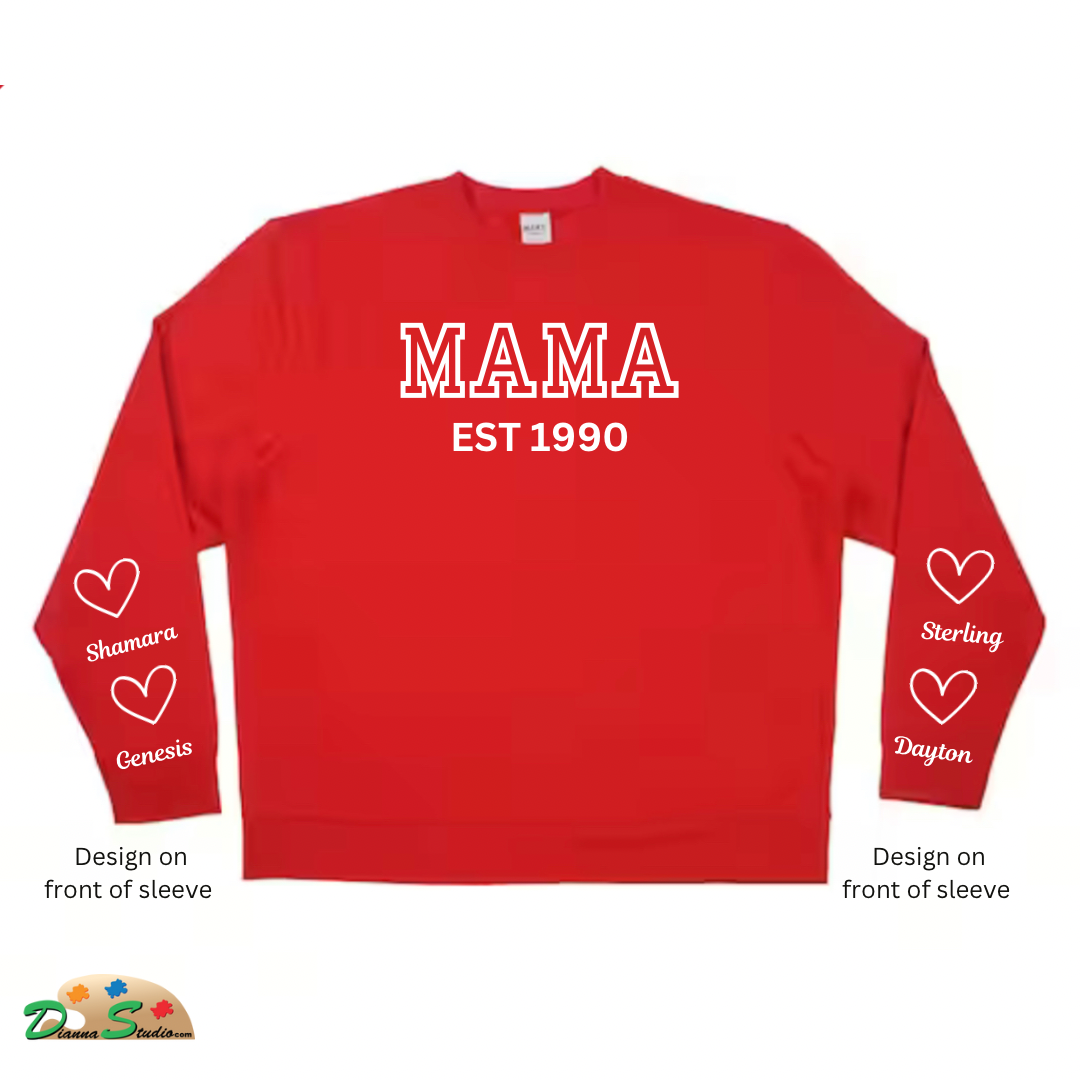 Established Auntie red sweatshirt with kids name on sleeves in white