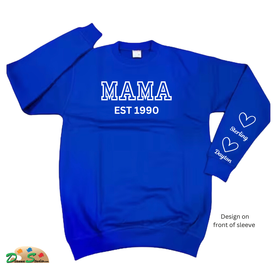 Established Auntie royal blue sweatshirt with kids name on sleeves in white