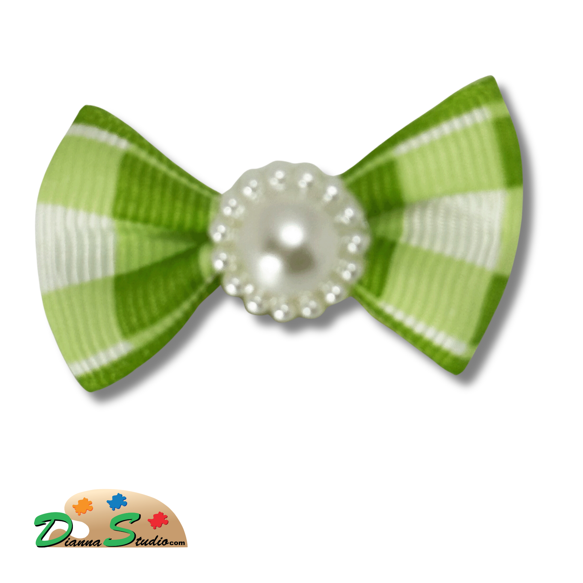 Lime green and white plaid with white pearl in center. 